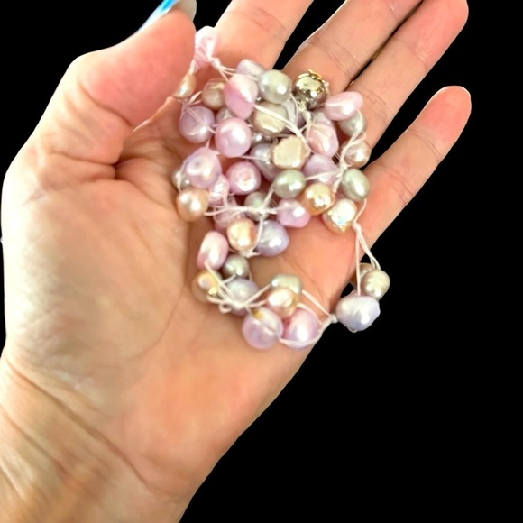 Genuine Baroque Pink Pearl Collar Necklace Cluster Tied Cord Artisan Made 17” - Picture 4 of 5